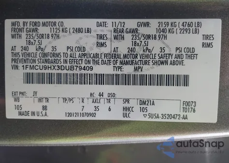 2013 Ford Escape Sel from USA, damaged, VIN 1FMCU9HX3DUB79409